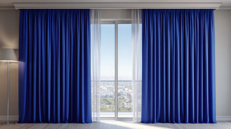 Elegant blue curtains frame a large window revealing a beautiful cityscape view. Natural light floods the modern interior, creating a serene atmosphere.の素材