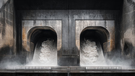 A dramatic view of large industrial water tunnels releasing powerful streams of water into a dark environment, creating an atmosphere of energy and motion.の素材