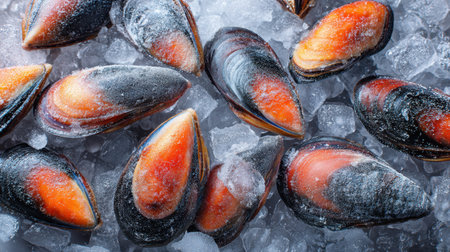A close-up view of fresh mussels nestled on a bed of ice, showcasing vibrant colors and textures, perfect for culinary inspiration and seafood dishes.の素材