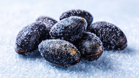 This image showcases a close-up of fresh, frozen mussels, artfully coated in icy crystals against a soft blue background, highlighting their natural beauty.の素材