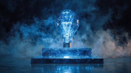 A captivating image of a glowing light bulb set against a surreal background, showcasing intricate cosmic patterns and a reflective surface, evoking innovation.の素材