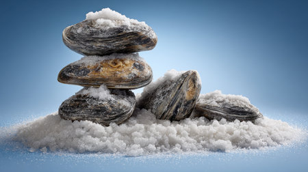 This image showcases a visually striking arrangement of fresh shellfish piled on coarse sea salt, set against a calming blue background, perfect for culinary projects.の素材