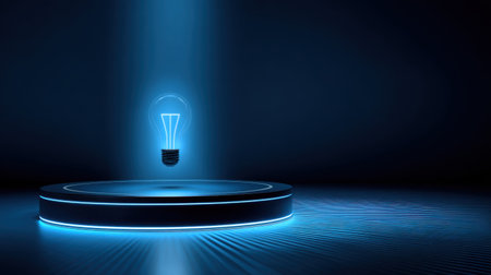 A captivating image of a floating light bulb emitting a neon blue glow in a dark setting, creating a striking visual contrast against a circular base.の素材