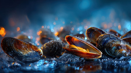 Captivating close-up of fresh shellfish showcasing vibrant colors and detailed textures, surrounded by shimmering water, perfect for culinary and nature themes.の素材