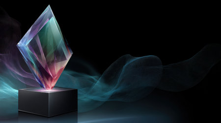 A striking crystal sculpture glimmers with vibrant light effects against a dark backdrop, perfect for abstract art and design themes. This image exudes elegance and creativity, providing a captivating visual element for various projects.の素材
