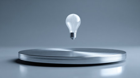 A floating light bulb above a polished silver disc creates a stunning visual effect, symbolizing creativity and innovation in design and technology.の素材