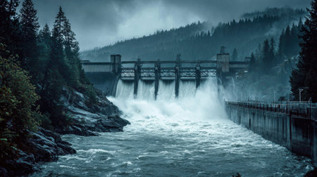 A stunning view of a hydroelectric dam amidst stormy weather, showcasing rushing waters and dramatic skies, set against a backdrop of majestic mountains.の素材