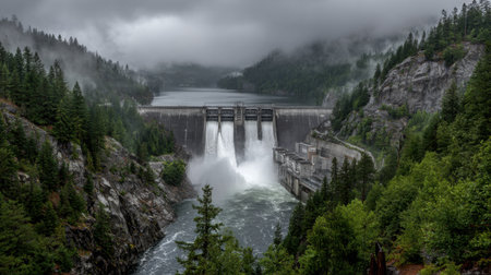 A breathtaking view of a hydroelectric dam where water cascades down into a serene river, surrounded by lush forests and misty mountains, showcasing nature's beauty.の素材
