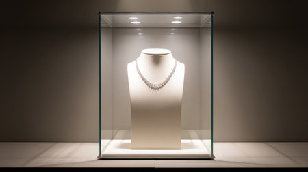 This captivating image features an elegant silver necklace presented in a modern glass showcase, highlighted by soft lighting that enhances its beauty and charm.の素材