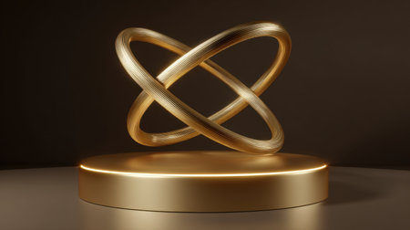 This stunning golden sculpture features intertwined rings that create a captivating visual allure. Set against a minimalist background, it shines with elegance.の素材
