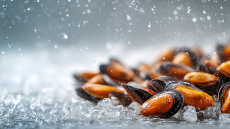 Close-up view of fresh shells on ice, surrounded by water droplets, highlighting the natural beauty and texture of seafood, ideal for culinary visuals.の素材