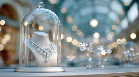 This stunning image features a beautiful necklace displayed under a glass dome in a chic boutique environment, highlighted with soft, glowing bokeh lights, emphasizing elegance and luxury.の素材