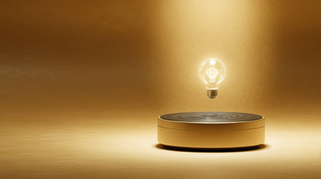 A captivating image of a floating light bulb on a golden platform, symbolizing creativity and innovation. The soft glow enhances an atmosphere of inspiration.の素材