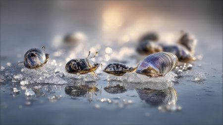 This close-up image showcases various shells on a glistening wet surface reflecting soft light from the sunset, creating a tranquil and artistic atmosphere.の素材