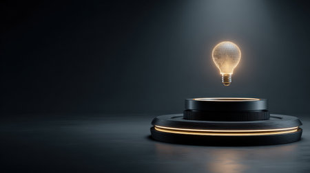 This image presents a glowing light bulb hovering over a circular base in a dark studio, symbolizing innovation and creativity. The minimalist design and ambient glow evoke ideas of inspiration and modern technology, perfect for highlighting concepts related to invention and illumination.の素材