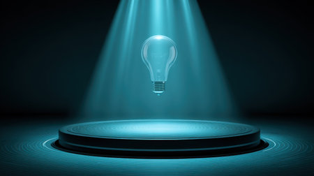 This striking image features a futuristic light bulb suspended in a blue spotlight against a dark background, creating a captivating atmosphere of innovation and creativity.の素材