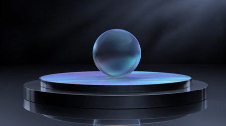 A mesmerizing transparent sphere rests on a smooth reflective surface, bathed in soft blue light, creating an elegant and modern atmosphere.の素材
