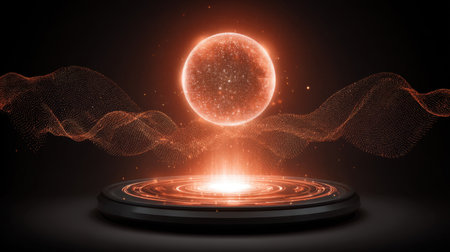 This captivating image showcases a futuristic glowing sphere hovering above a circular platform, surrounded by flowing digital waves and radiant particles, creating a mesmerizing atmosphere.の素材