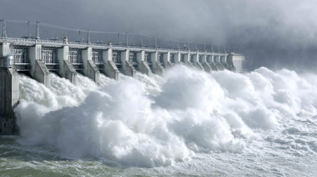 A high-volume dam releases a tremendous amount of water amid turbulent conditions, showcasing nature's raw power and advanced engineering in action.の素材
