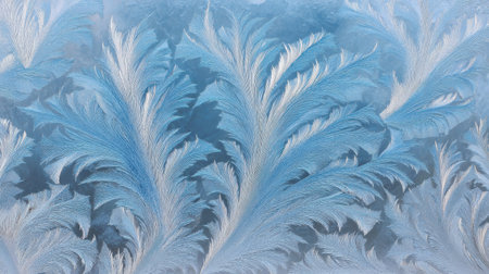 This stunning image features intricate frosty patterns on window glass, showcasing blue and white designs created by winter weather. The delicate details emphasize the beauty of nature's artistry.の素材