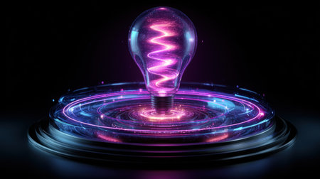 A captivating image featuring a glowing light bulb surrounded by vibrant energy waves, reflected on a smooth surface, presenting a striking visual in a dark environment.の素材