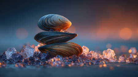 This captivating image features a stack of elegantly arranged shells resting on sparkling crystals, illuminated by a soft ambient glow, creating a tranquil scene.の素材