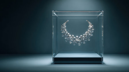 This stunning image showcases a mesmerizing diamond necklace elegantly displayed in a glass case, illuminated by dramatic lighting that enhances its beauty.の素材