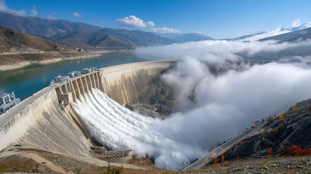 This breathtaking image showcases a hydroelectric dam with a powerful water release against a stunning mountainous backdrop, surrounded by fog and clear skies.の素材
