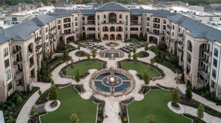 A stunning luxury apartment complex featuring a beautifully designed courtyard with a central fountain, landscaped gardens, and elegant outdoor spaces for relaxation.の素材