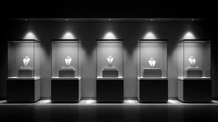 A striking jewelry display featuring unique pieces illuminated in a modern gallery setting, emphasizing minimalist design and artistic elegance.の素材