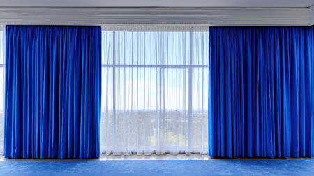 This image showcases a bright and airy living space featuring vibrant blue curtains draped elegantly on large windows, offering a beautiful outdoor view.の素材