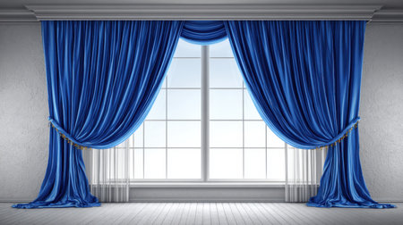Stunning blue drapes frame a bright window, complemented by sheer curtains, creating a serene and stylish ambiance in a modern interior design space.の素材