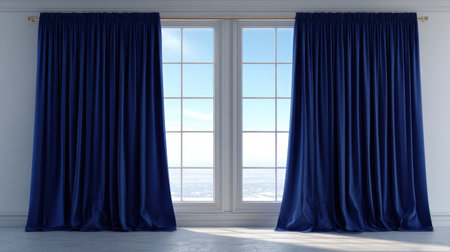 This image showcases elegant blue curtains framing a bright window, providing a serene view of the clear sky outside in a modern interior setting.の素材
