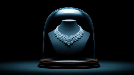 A stunning luxury necklace is elegantly showcased under a glass dome, highlighted by dramatic lighting that accentuates its exquisite craftsmanship and beauty.の素材