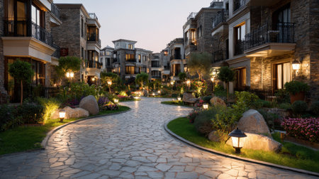 This image captures a serene evening scene featuring stylish apartments and a beautifully illuminated pathway surrounded by lush gardens, creating a peaceful neighborhood atmosphere.の素材