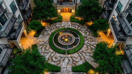 This stunning image captures a tranquil urban oasis featuring stone pathways and lush greenery in a modern apartment complex courtyard, evoking serenity.の素材