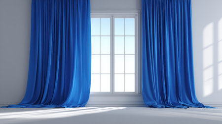 A serene interior scene showcasing stunning blue curtains elegantly framing a bright window, with soft natural light filtering in, creating a tranquil ambiance.の素材