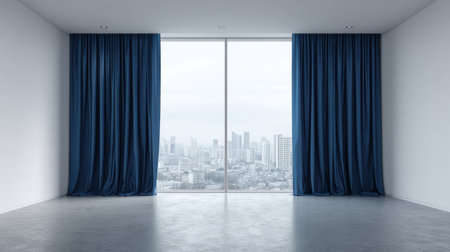 A bright and airy modern living room features a large window with blue curtains, offering a stunning view of an urban cityscape. The minimalist design emphasizes space and tranquility, perfect for relaxation.の素材