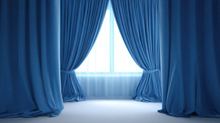 A pair of elegant blue curtains elegantly frame a bright window, inviting natural light into a modern minimalist room, creating a serene atmosphere.の素材