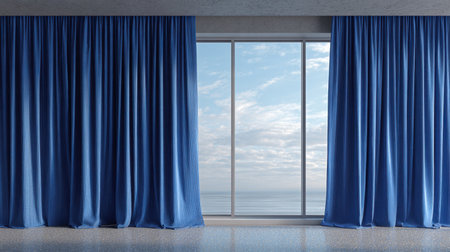 A serene interior scene featuring elegant blue curtains framing a large glass window that reveals a calm ocean and a cloudy sky. The tranquil atmosphere invites relaxation.の素材
