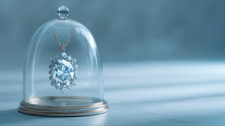 A breathtaking blue diamond necklace elegantly displayed under a glass dome, showcasing its intricate design and luxury. The soft lighting enhances the beauty and allure, making it an ideal centerpiece for any jewelry collection.の素材