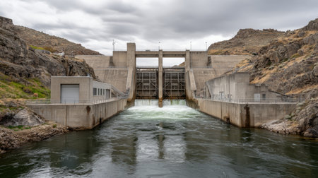 A striking view of a hydroelectric dam showcasing water flowing powerfully through its gates, set against a backdrop of rocky terrain and an overcast sky.の素材