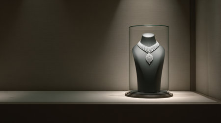 This image showcases an elegant necklace displayed in a modern case, highlighted by soft lighting, emphasizing the beauty and craftsmanship of the jewelry piece.の素材