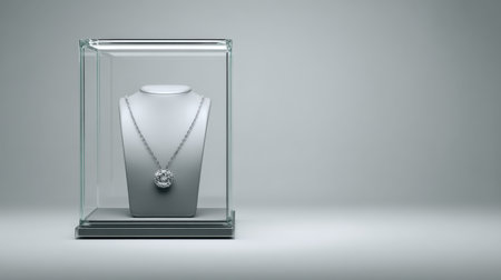 This stunning image showcases an elegant diamond necklace framed in a glass display. The minimalist background enhances the piece's beauty and luxury appeal.の素材