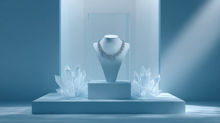 A beautifully crafted silver necklace is elegantly displayed within a modern showcase, surrounded by striking crystal accents and soft lighting.の素材