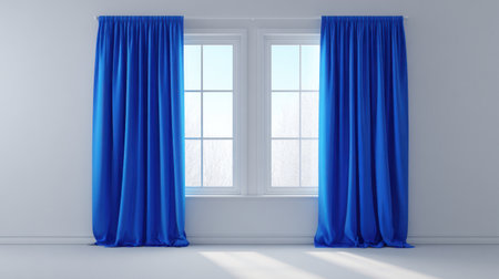 This image features a serene interior with large windows covered by elegant blue curtains, creating a bright and inviting atmosphere. Natural light floods the room, enhancing the fresh and modern feel.の素材