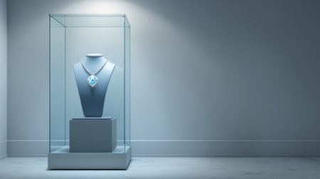 This image features an elegant jewelry display, showcasing a stunning necklace within a glass case. The soft ambient lighting enhances the piece's beauty and highlights modern design elements.の素材