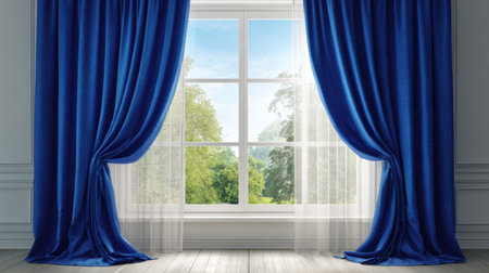 This image showcases elegant blue curtains framing a bright window, with a stunning outdoor view of green trees and a clear blue sky, creating a peaceful ambiance.の素材
