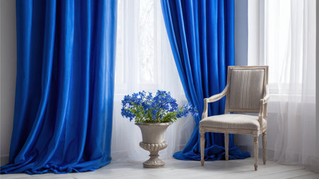 This captivating scene features elegant blue curtains flowing gracefully alongside a vintage chair and a beautiful floral arrangement, creating a serene indoor atmosphere.の素材