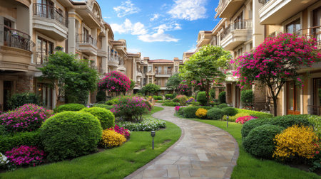 This stunning image captures a tranquil residential landscape featuring lush green gardens bursting with colorful flowerbeds, a winding pathway, and bright blue skies, creating a serene living environment.の素材